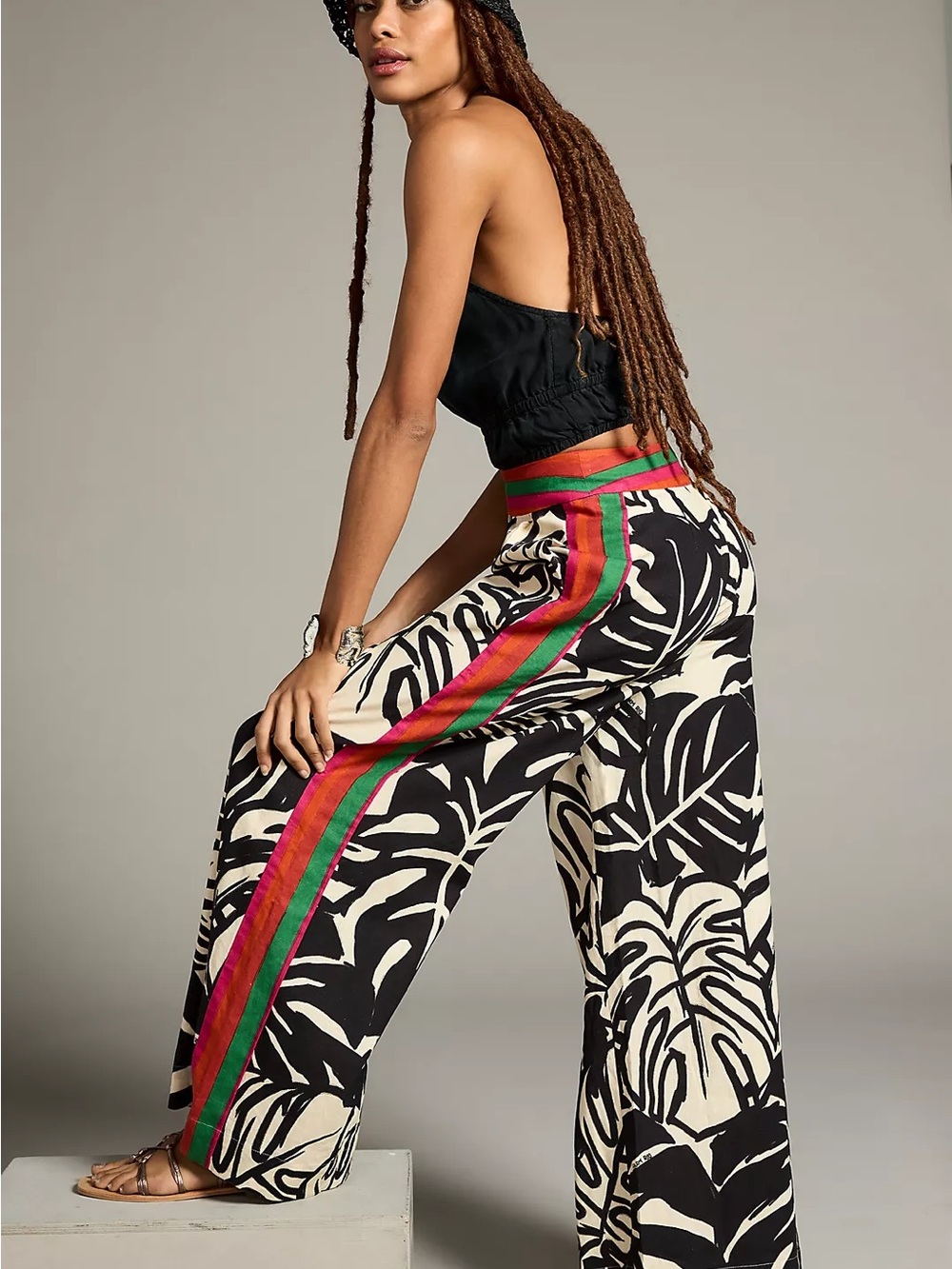 FARM Rio Black-and-Cream Wide-Leg Linen Pants with Red-Pink-Green Side Stripe